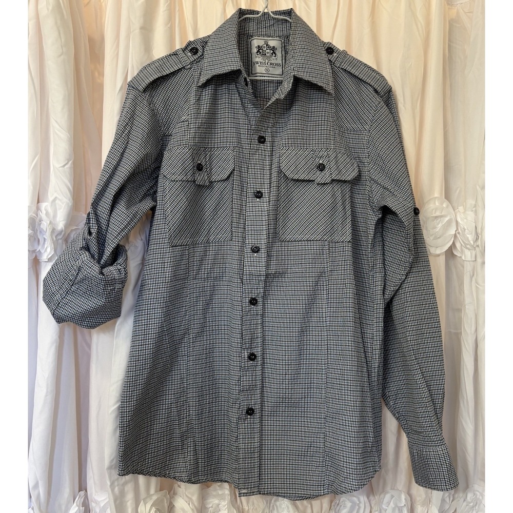 Swiss Cross black check long sleeve 2‎ pocket dress shirt Small